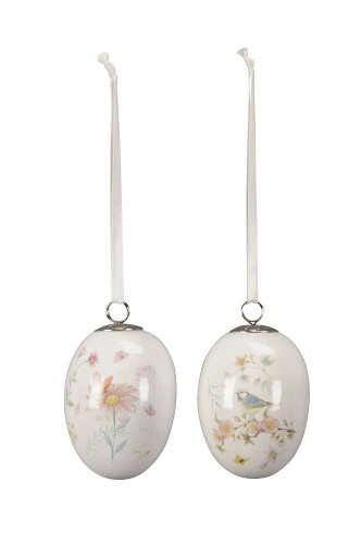 2-er Set Ostereier aus Keramik mit Blume und Blaumeise zum Aufhängen s
