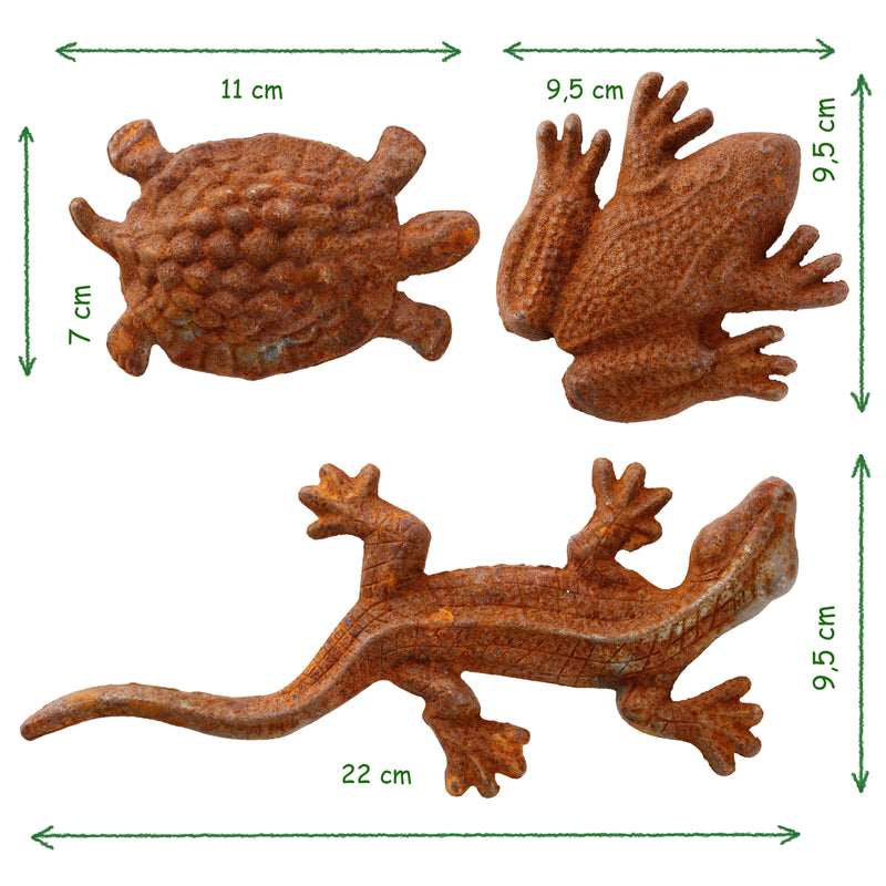 3-er Set oder einzeln Gartendeko Schildkröte Salamander und Frosch Figur Gusseisen verrostet Metall Rost Deko Teich Garten