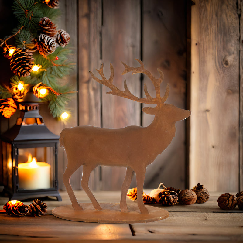 Gartendekoration Hirsch stehend mit Platte Metall Rost Deko zum Hinstellen Advent Weihnachten 33cm/12cm/33cm