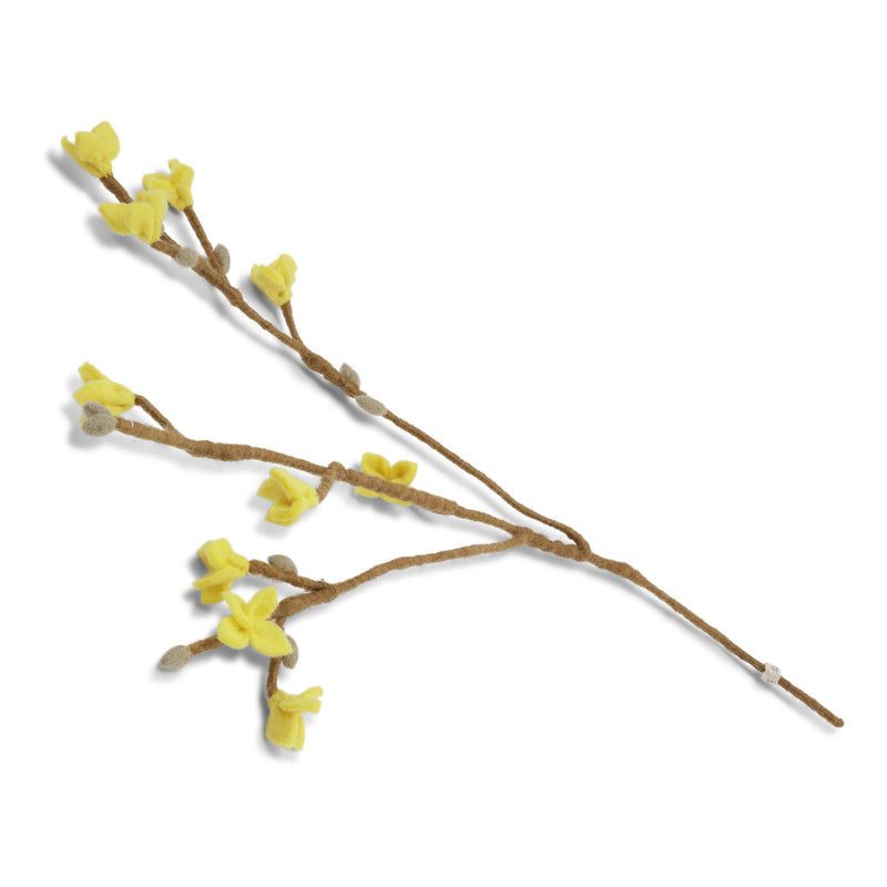 Deko Blume Zweig Forsythie mit gelben Blüten und Knospen aus Filz Ostern Osterdeko Frühling fairtrade weich 60cm lang leicht unzerbrechlich