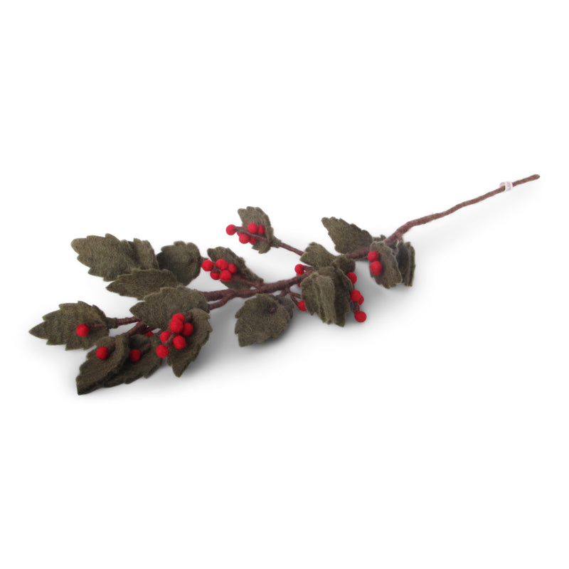 Deko Stechpalme Zweig mit roten Beeren und grünen Blättern ilex aus Filz Weihnachtsdeko fairtrade weich 60cm lang leicht unzerbrechlich