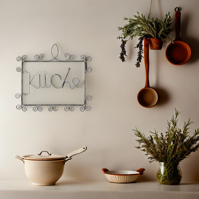Wohndekoration Gartendeko KÜCHE Schild Wanddekoration Metallrahmen H/B/T 35/39/0,5 cm Draht antikgrau lackiert Deko shabby
