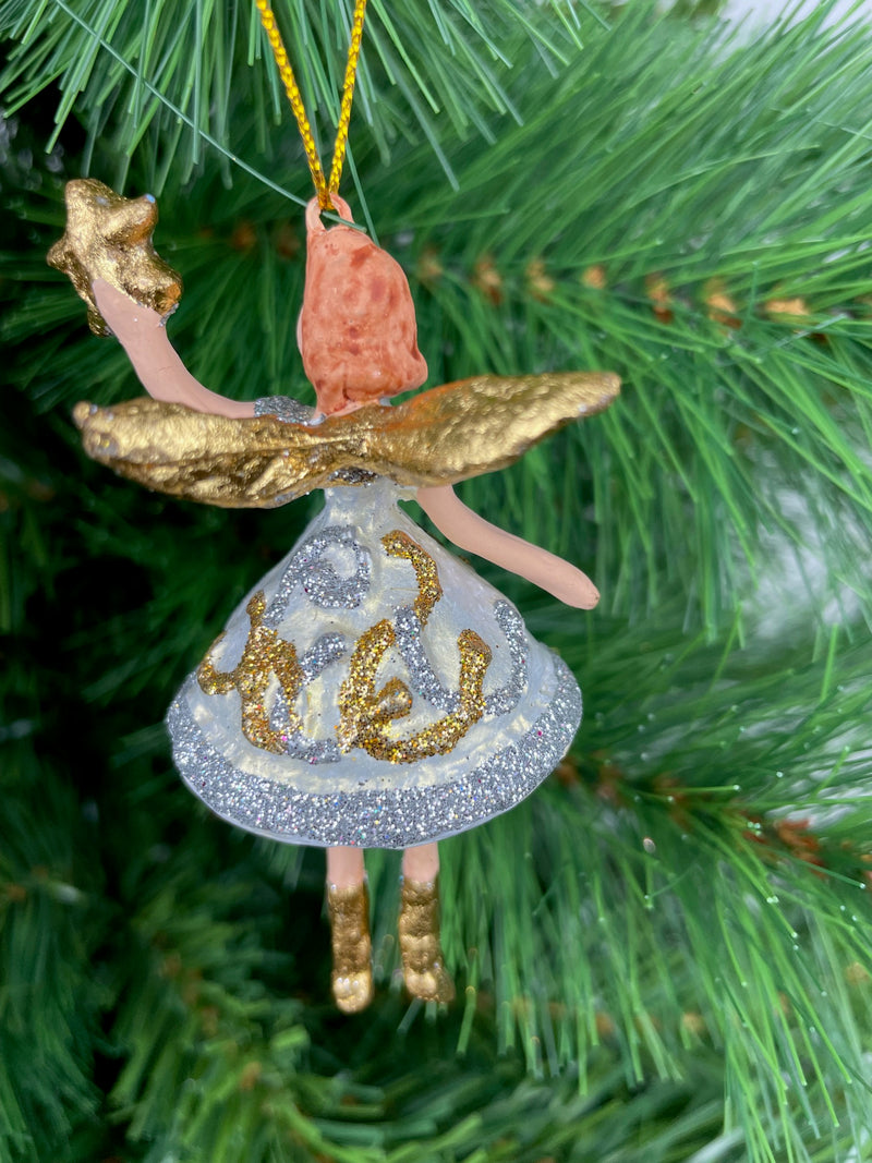 Kleiner Engel mit Stern mini Weihnachten Deko Hänger Christbaumschmuck 8 cm weiß silber gold