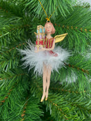 Christbaumschmuck Figur Engel rot-gold mit Geschenken und Federrock Anhänger Weihnachten Baumschmuck 13,5cm