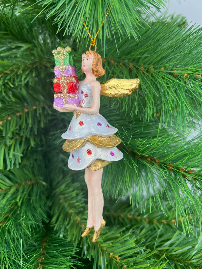 Christbaumschmuck Figur Engel weiß-gold mit Geschenken und kurzem gepunkteten Kleid Hänger Weihnachten Baumschmuck 14cm
