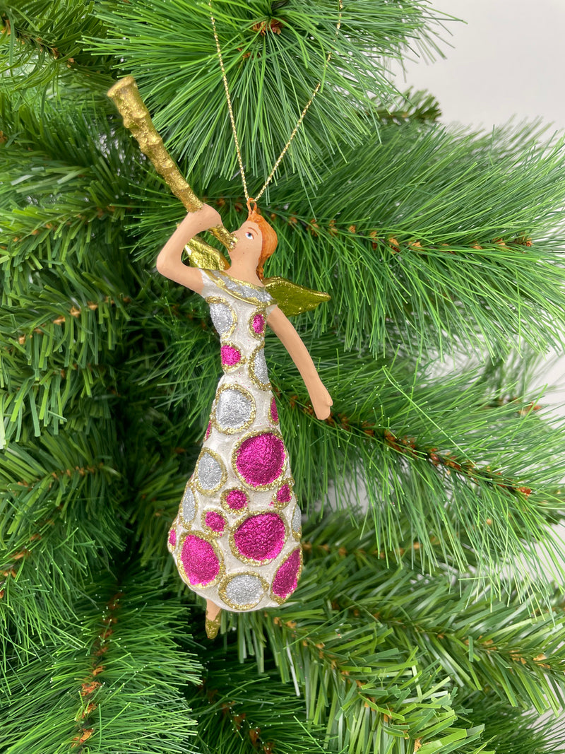 Christbaumschmuck Engel mit Fanfare in einem pink silber weißen Kleid Baumschmuck 16cm