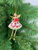 Christbaumschmuck Figur Engel mit langen Beinen und Herz Kleid geblümt Weihnachten Ornament weiß-gold Hänger 12 cm