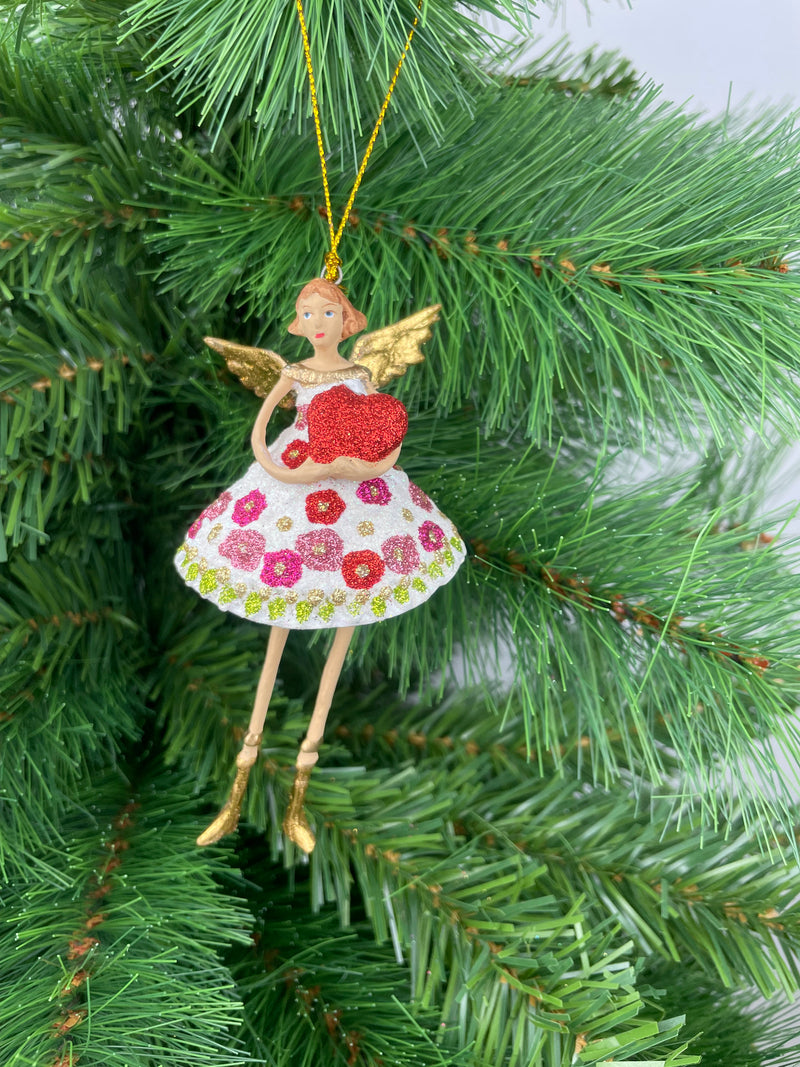 Christbaumschmuck Figur Engel mit langen Beinen und Herz Kleid geblümt Weihnachten Ornament weiß-gold Hänger 12 cm