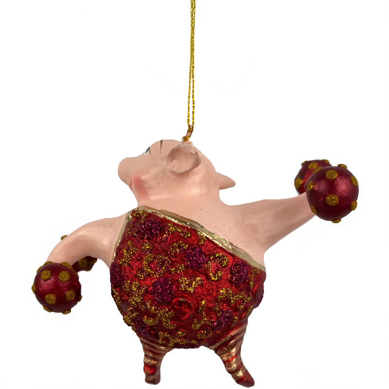 Christbaumschmuck Sportler Schwein mit Hanteln und Gewichtheberanzug in rot gold lila Fitnessstudio handbemalt Weihnachten Baumschmuck 12,5cm hoch