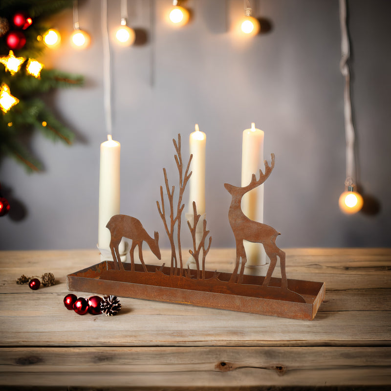 Dekoobjekt Baum Hirsch Schale rechteckig zum Stellen Metall Rost Deko Fensterbank Kommode Weihnachten (50x15,5 cm, h= 32 cm)