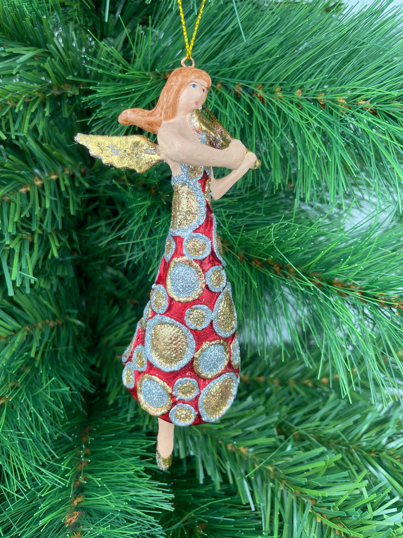Christbaumschmuck Figur Engel mit Geige und langem Kleid in rot-gold mit Kreisen Ornament Anhänger Weihnachten Baumschmuck 16cm