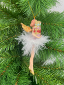 Christbaumschmuck Figur Engel rot-gold mit Geschenken und Federrock Anhänger Weihnachten Baumschmuck 13,5cm