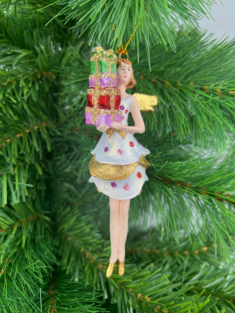 Christbaumschmuck Figur Engel weiß-gold mit Geschenken und kurzem gepunkteten Kleid Hänger Weihnachten Baumschmuck 14cm
