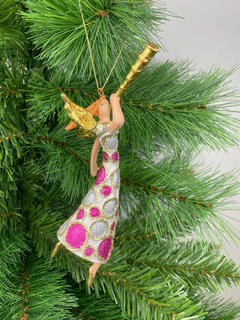Christbaumschmuck Engel mit Fanfare in einem pink silber weißen Kleid Baumschmuck 16cm