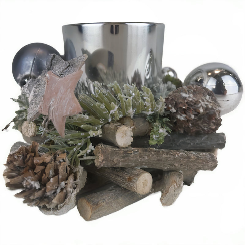 Weihnachtsdeko kleiner Kranz mit Teelichthalter grün weiß Zapfen Sternen Kugeln 12,5x8 cm