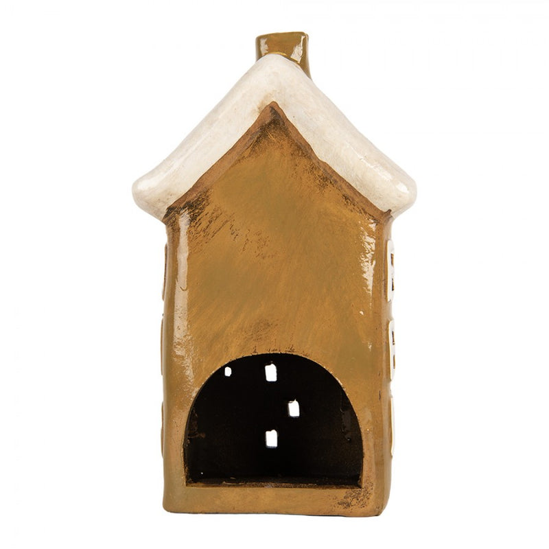 Teelichthalter Haus 12x8x20 cm Braun Windlicht Dekoration Herbst Keramik