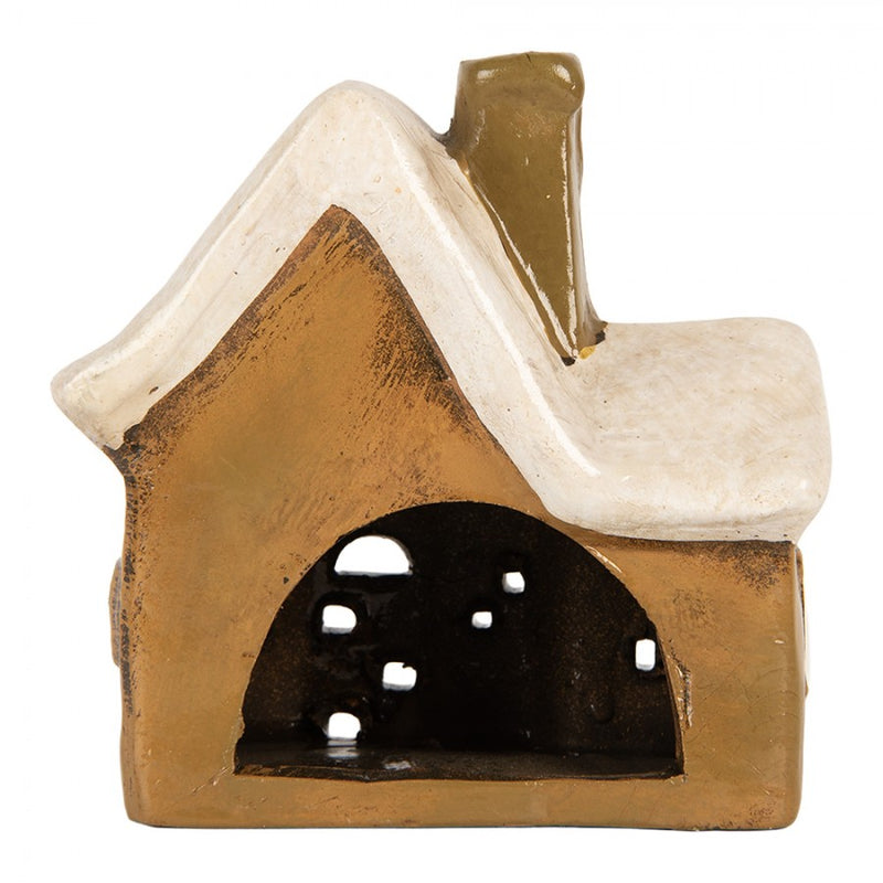 Teelichthalter Haus 13x7x13 cm Braun Dekoration Windlicht Herbst Weihnachten Keramik