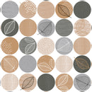 Wachstuchtischdecke "Blätterwald" in 1,4m Br. Kreise und Blätter in grau, braun und schwarz, Untergrund weiß PVC Indoor Outdoor Tischdecke Wachstuch Länge wählbar