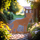 Gartendekoration Hund stehend mit Leine auf Platte Metall Rost Deko zum Hinstellen 60cm x 79cm