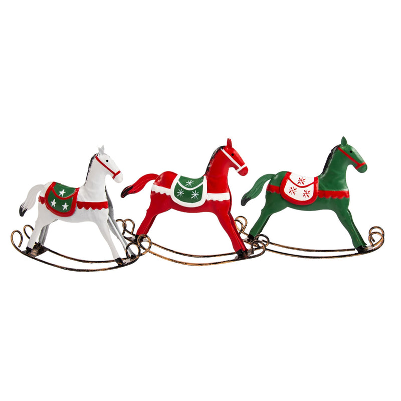 3-er Set Metallpferdchen Schaukelpferd Metall farblich sortiert rot/weiß/grün Dekoration Weihnachten Weihnachtsdeko Vintage 13cm hoch