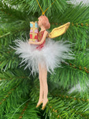Christbaumschmuck Figur Engel rot-gold mit Geschenken und Federrock Anhänger Weihnachten Baumschmuck 13,5cm