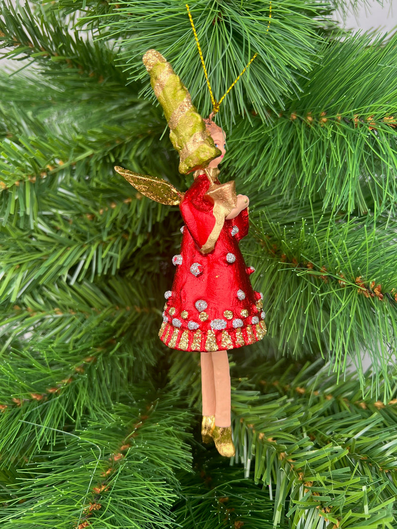Christbaumschmuck Engel in einem rot-silber-goldenen Kleid und Bäumchen Baumschmuck 15cm