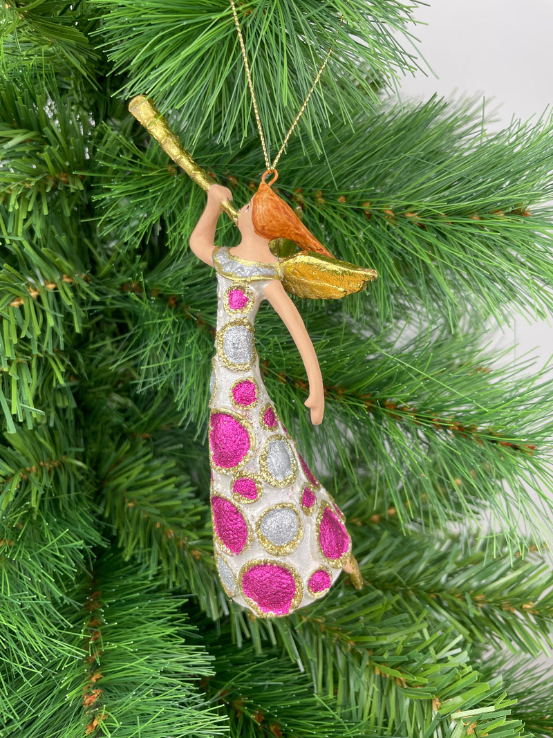 Christbaumschmuck Engel mit Fanfare in einem pink silber weißen Kleid Baumschmuck 16cm