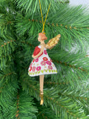 Christbaumschmuck Figur Engel mit langen Beinen und Herz Kleid geblümt Weihnachten Ornament weiß-gold Hänger 12 cm