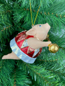 Christbaumschmuck Figur Schwein Sportler Fitnessstudio Hantelstange handbemalt Weihnachten Baumschmuck Deko Hänger Christbaumschmuck 10 cm (weiß-rot)