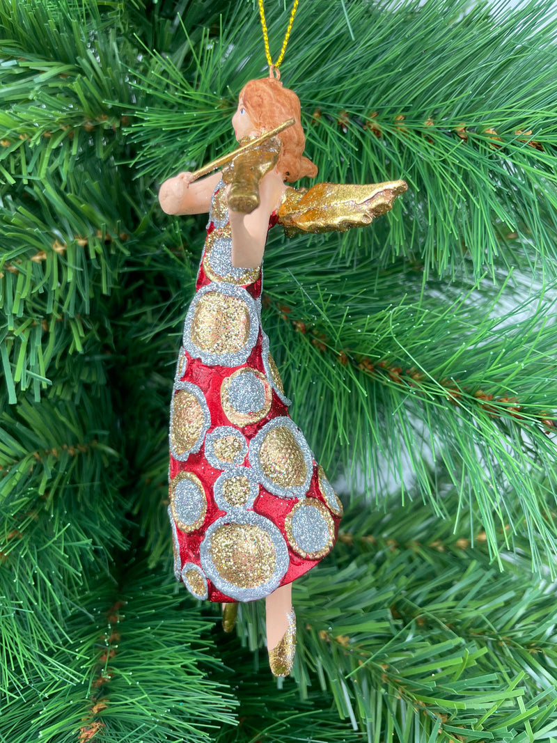 Christbaumschmuck Figur Engel mit Geige und langem Kleid in rot-gold mit Kreisen Ornament Anhänger Weihnachten Baumschmuck 16cm