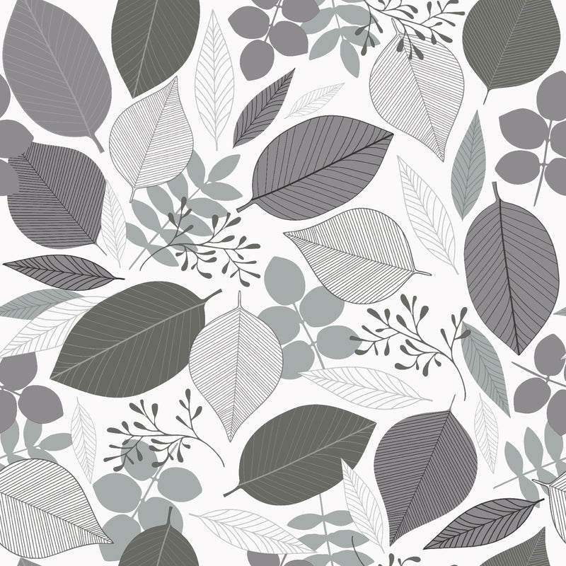 Wachstuchtischdecke "Grey Leaves" in 1,4m Br. Blätter in grau und schwarz, Untergrund weiß PVC Indoor Outdoor Tischdecke Wachstuch Länge wählbar