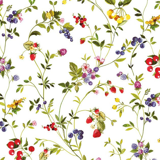 Wachstuchtischdecke "Beerentraum" in 1,4m Br. bunt mit Beeren und Früchten, Untergrund weiß PVC Indoor Outdoor Tischdecke Wachstuch Länge wählbar