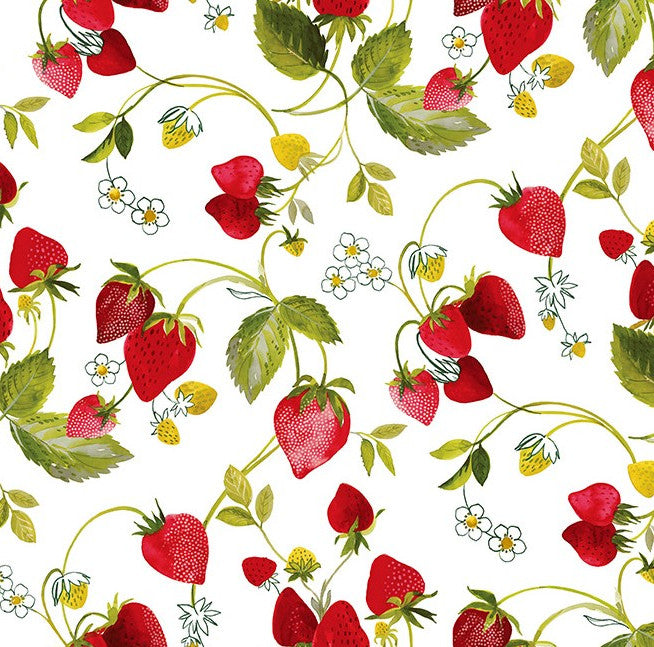 Wachstuchtischdecke "Erdbeeren" in 1,4m Br. rot grün gelb, Untergrund weiß PVC Indoor Outdoor Tischdecke Wachstuch Länge wählbar