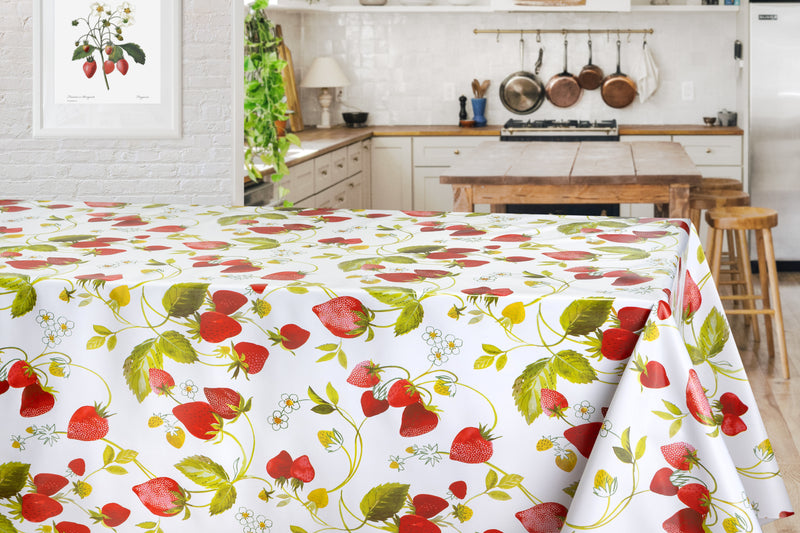 Wachstuchtischdecke "Erdbeeren" in 1,4m Br. rot grün gelb, Untergrund weiß PVC Indoor Outdoor Tischdecke Wachstuch Länge wählbar