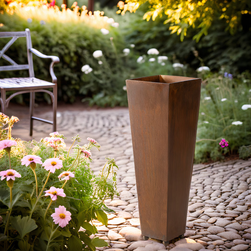 Pflanzgefäß Säule groß Kübel quadratisch konisch Schale Metall Rost 100cm hoch