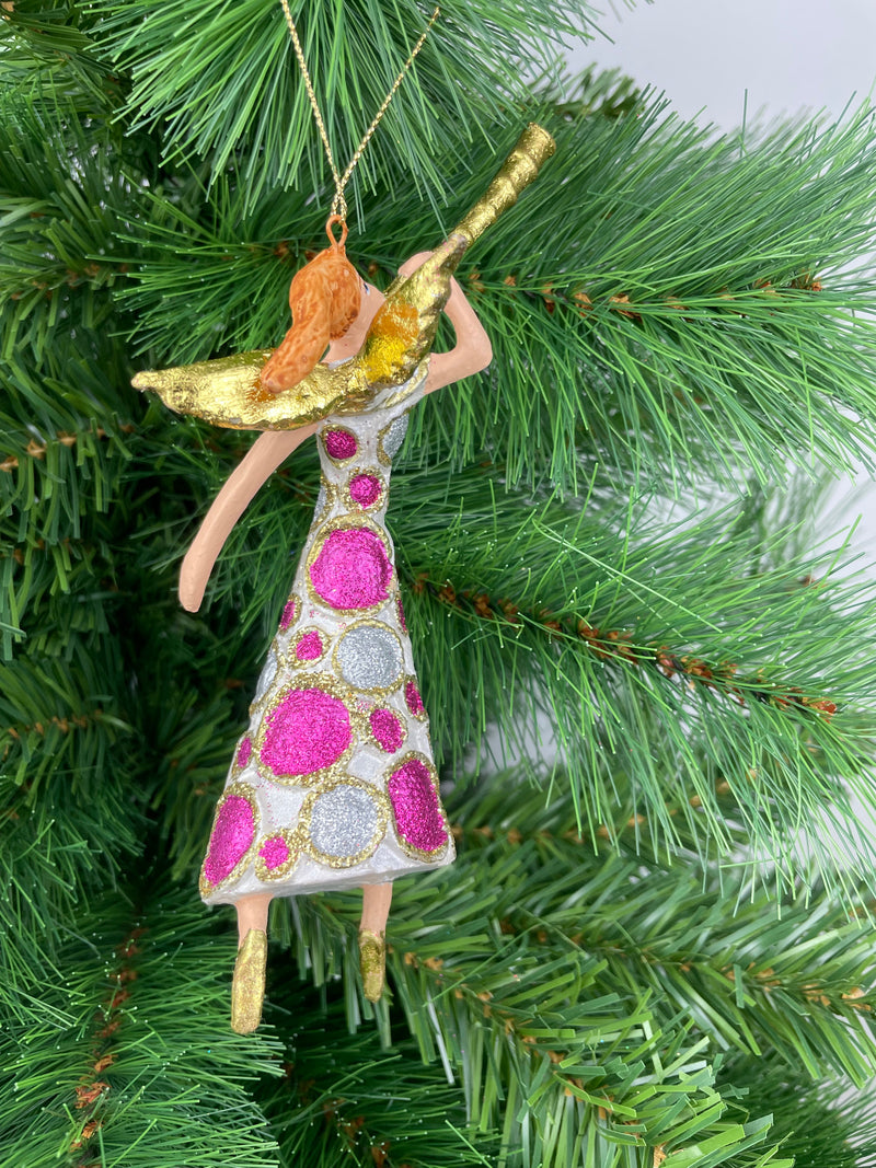 Christbaumschmuck Engel mit Fanfare in einem pink silber weißen Kleid Baumschmuck 16cm