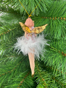 Christbaumschmuck Figur Engel rot-gold mit Geschenken und Federrock Anhänger Weihnachten Baumschmuck 13,5cm