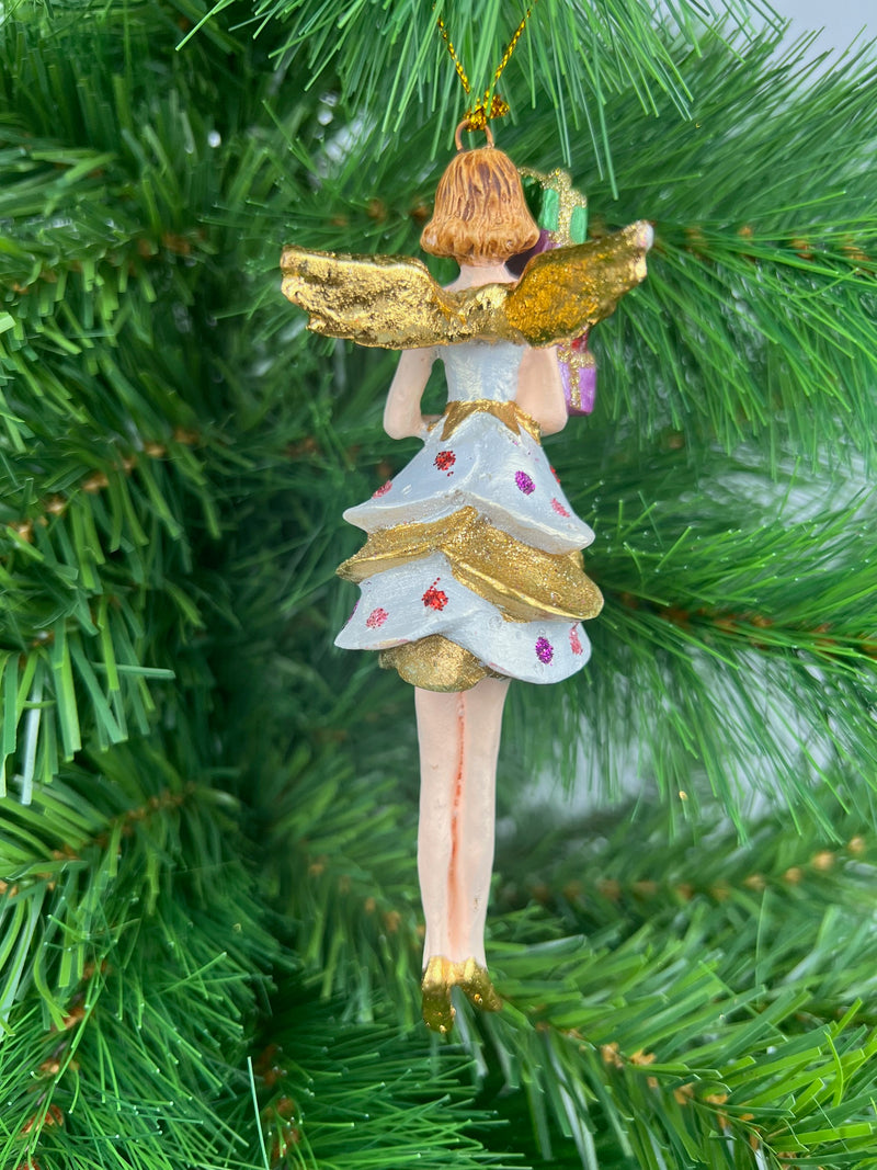 Christbaumschmuck Figur Engel weiß-gold mit Geschenken und kurzem gepunkteten Kleid Hänger Weihnachten Baumschmuck 14cm