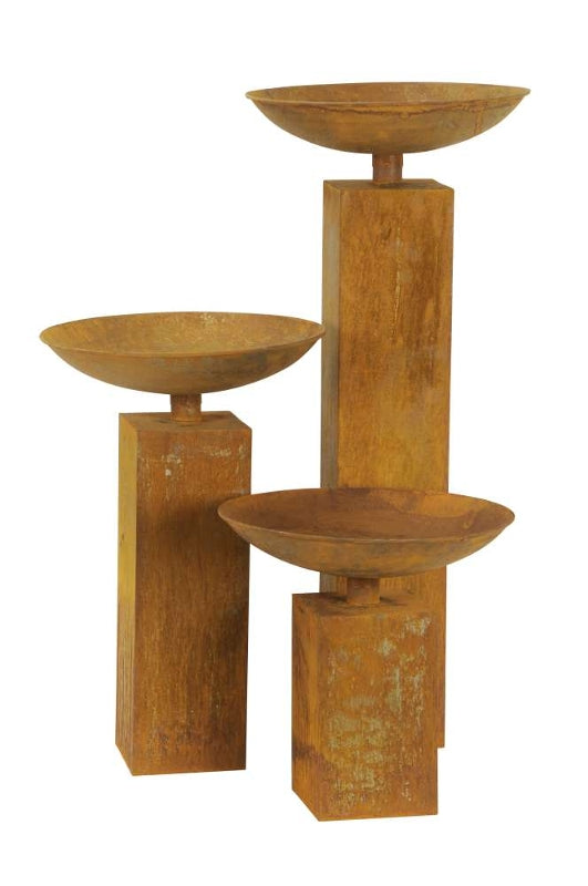 Säule quadratisch mit runder Schale aus Metall mit Edelrost zum Bepflanzen Blumenschale  Rost in drei Größen