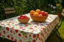 Wachstuchtischdecke "Erdbeeren" in 1,4m Br. rot grün gelb, Untergrund weiß PVC Indoor Outdoor Tischdecke Wachstuch Länge wählbar