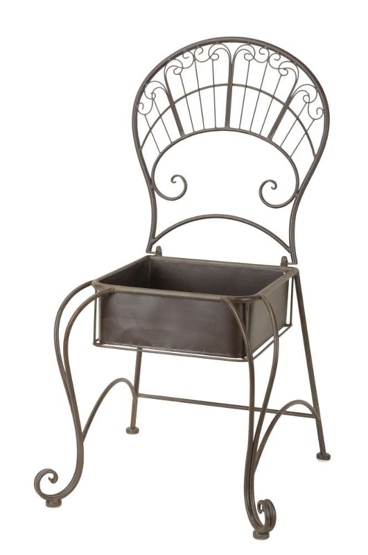 Dekorativer Pflanzstuhl Metallstuhl Stuhl zum Bepflanzen Vogeltränke im Shabby- / Vintage-Look H/B/T 92/50/51 cm Metall, dunkelbraun