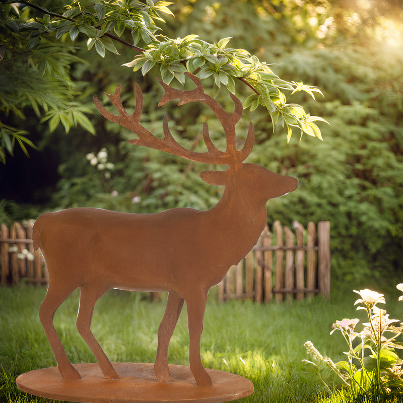 Gartendekoration Hirsch stehend mit Platte aus Metall mit Edelrost zum Hinstellen Advent Weihnachten 68cm/23,5cm/67cm