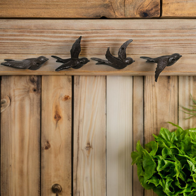 Gartendeko Wanddekoration Wandvögel Vögel Gusseisen dunkelrostfarben patiniert 4 Stück im Set