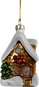 Lebkuchenhaus Christbaumschmuck aus Glas, Braun-Weiß mit Glitzer, Hängeornament, Weihnachtsdekoration, 5x5x8 cm