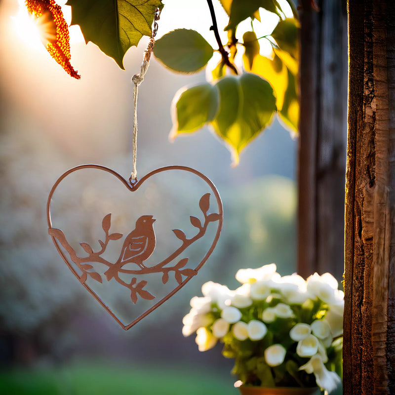 2-er Set Hänger Herz mit Vogel Rost Metall Ornament Ostern Frühling Fensterdekoration mit Schnur zum Aufhängen Deko sortiert