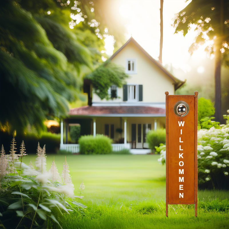 Stele "Willkommen" Gartenschild Eingang Vorgarten Gartenstecker Rost mit Silberkugel Schriftzug Tafel Metallschild 27cm x 116cm