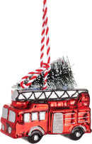 Christbaumschmuck Deko Glas Hänger Feuerwehrauto mit Tannenbaum Weihnachten H/T/B: 8cm x 3,5cm x 8cm