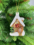 Lebkuchenhaus Christbaumschmuck aus Glas, Braun-Weiß mit Glitzer, Hängeornament, Weihnachtsdekoration, 5x5x8 cm