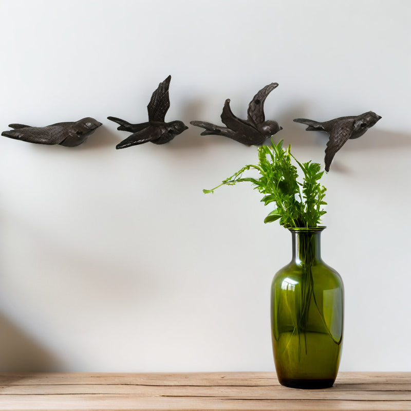 Gartendeko Wanddekoration Wandvögel Vögel Gusseisen dunkelrostfarben patiniert 4 Stück im Set