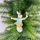 Hase auf Rad pastellblau grün gold Deko Hänger Ostern handbemalt Baumschmuck 12 cm
